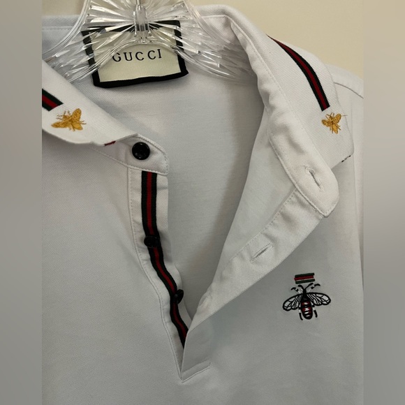 GUCCI Men’s Classic Style White Cotton Polo Shirt Embroidered Bee/Logo; Size XXL - Picture 4 of 12